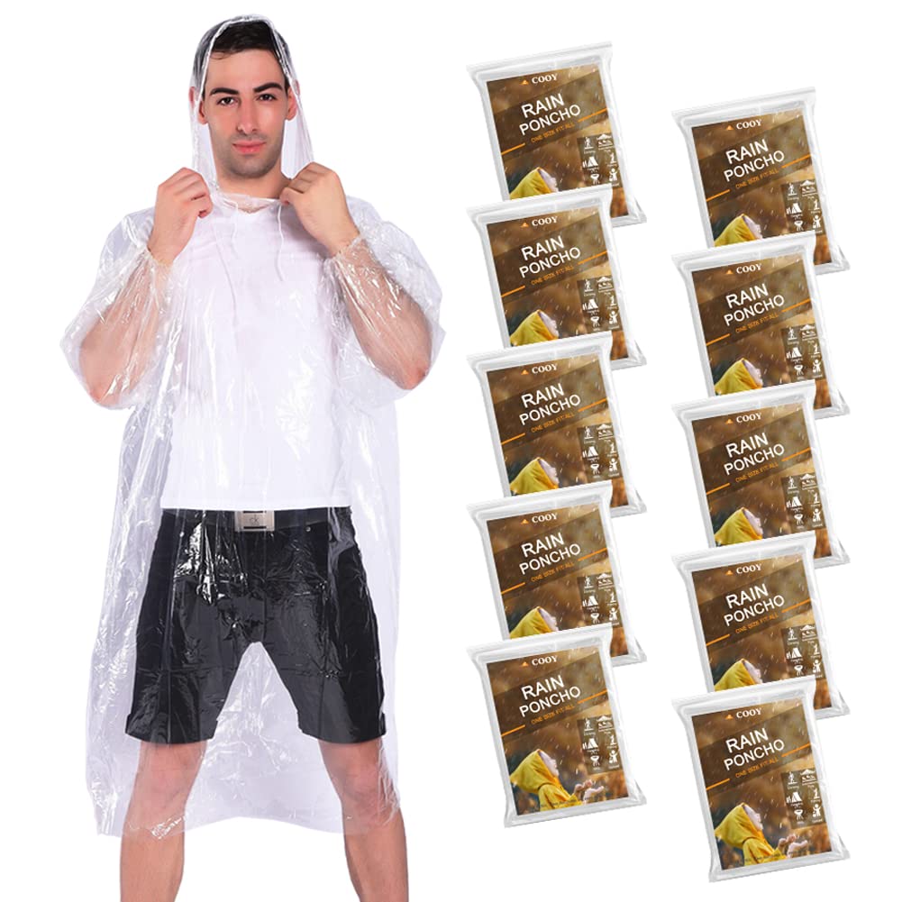 COOY Disposable Rain Ponchos for Adults (10 Pack), Family Pack for Travel
