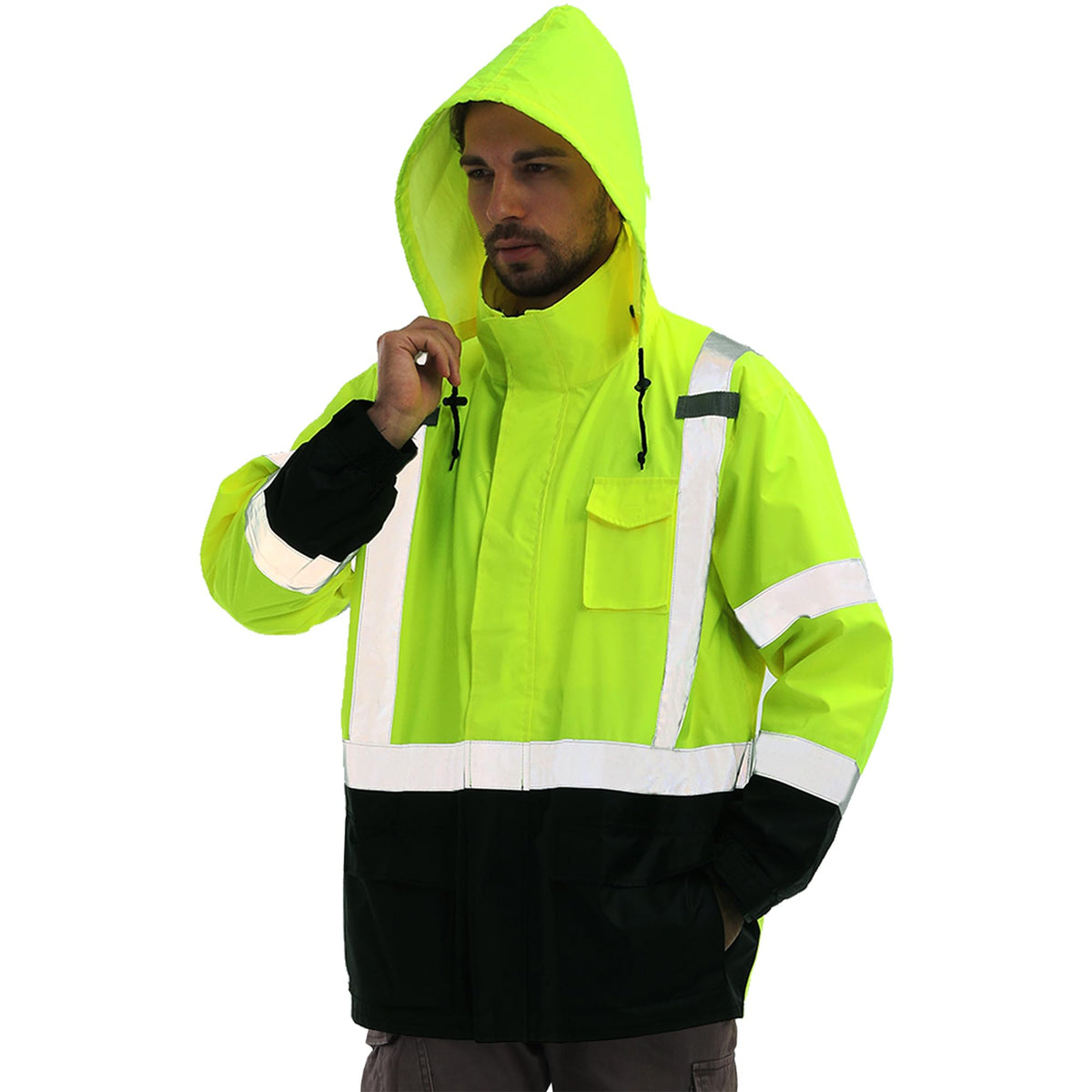 sesafety Hi Vis Rain Jacket, Rain Suits for Men Waterproof withBlack Bottom