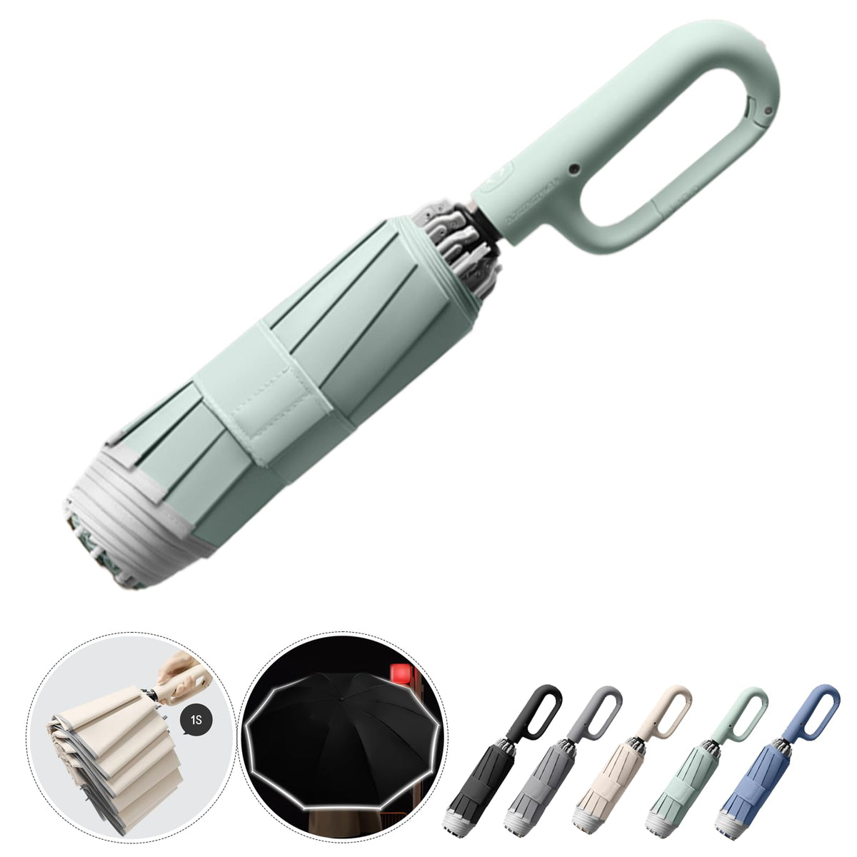 Ring Buckle Fully Automatic Umbrella, Reflective Safety Strip, Sturdy Windproof, Reverse Automatic, Travel Portable, Compact Folding (Black)