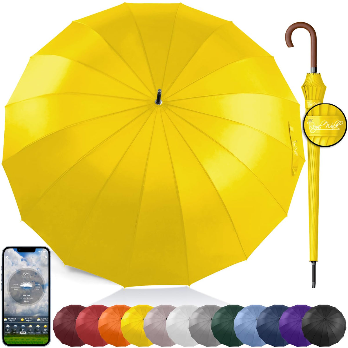 Royal Walk Large Umbrella for Rain & Golf, Windproof, Big, Heavy Duty Stick