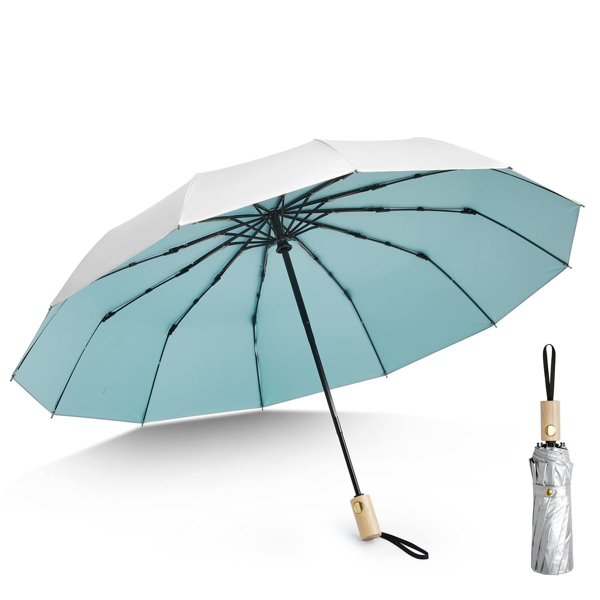G4Free 46 Inch UPF 50+ UV Protection Sun Travel Umbrella with Wooden Handle
