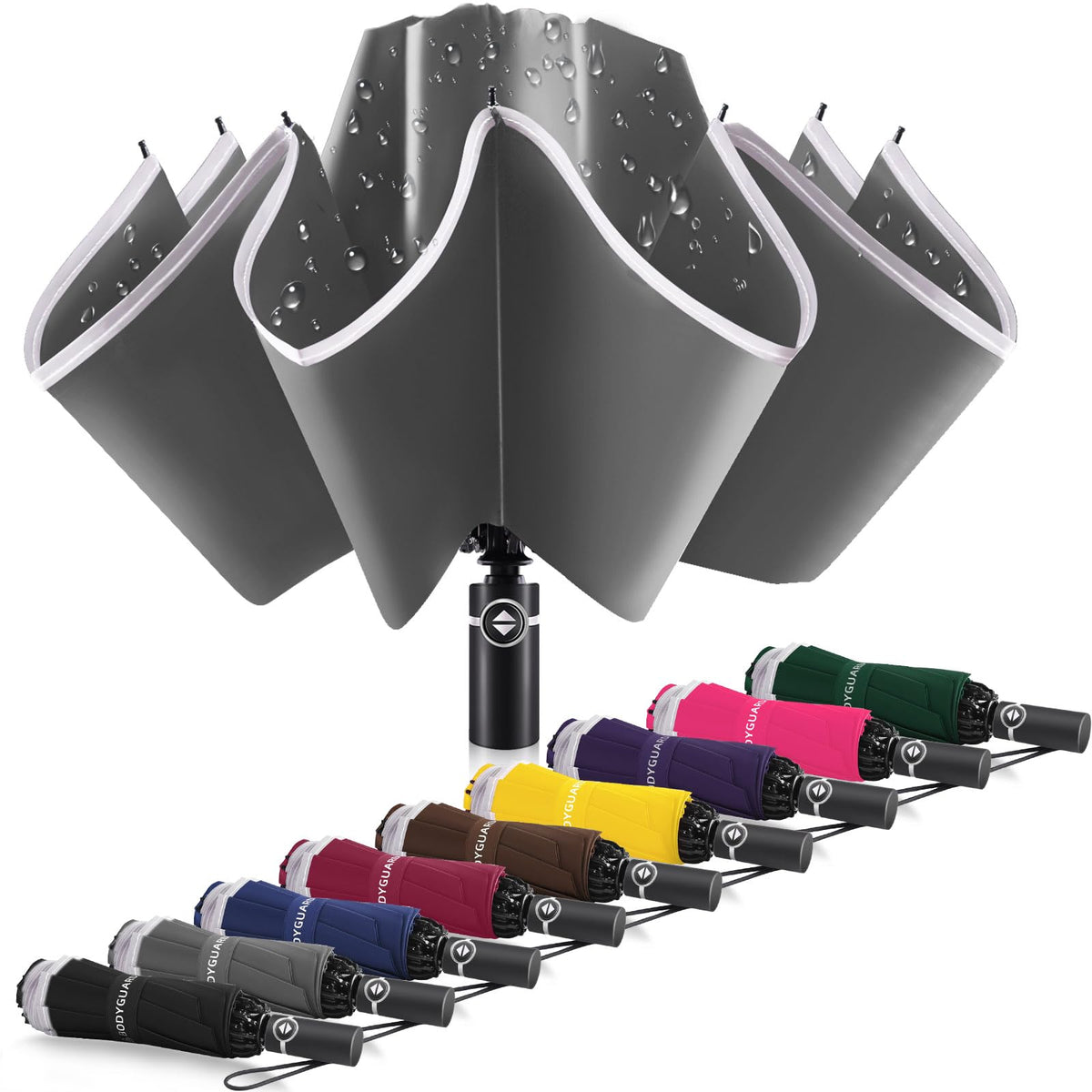 Bodyguard Inverted Umbrella - Large Windproof for Rain & Sun, Compact Reverse With Reflective Stripe, Teflon-Coated for Women Men, Travel Folding With Cover Bag