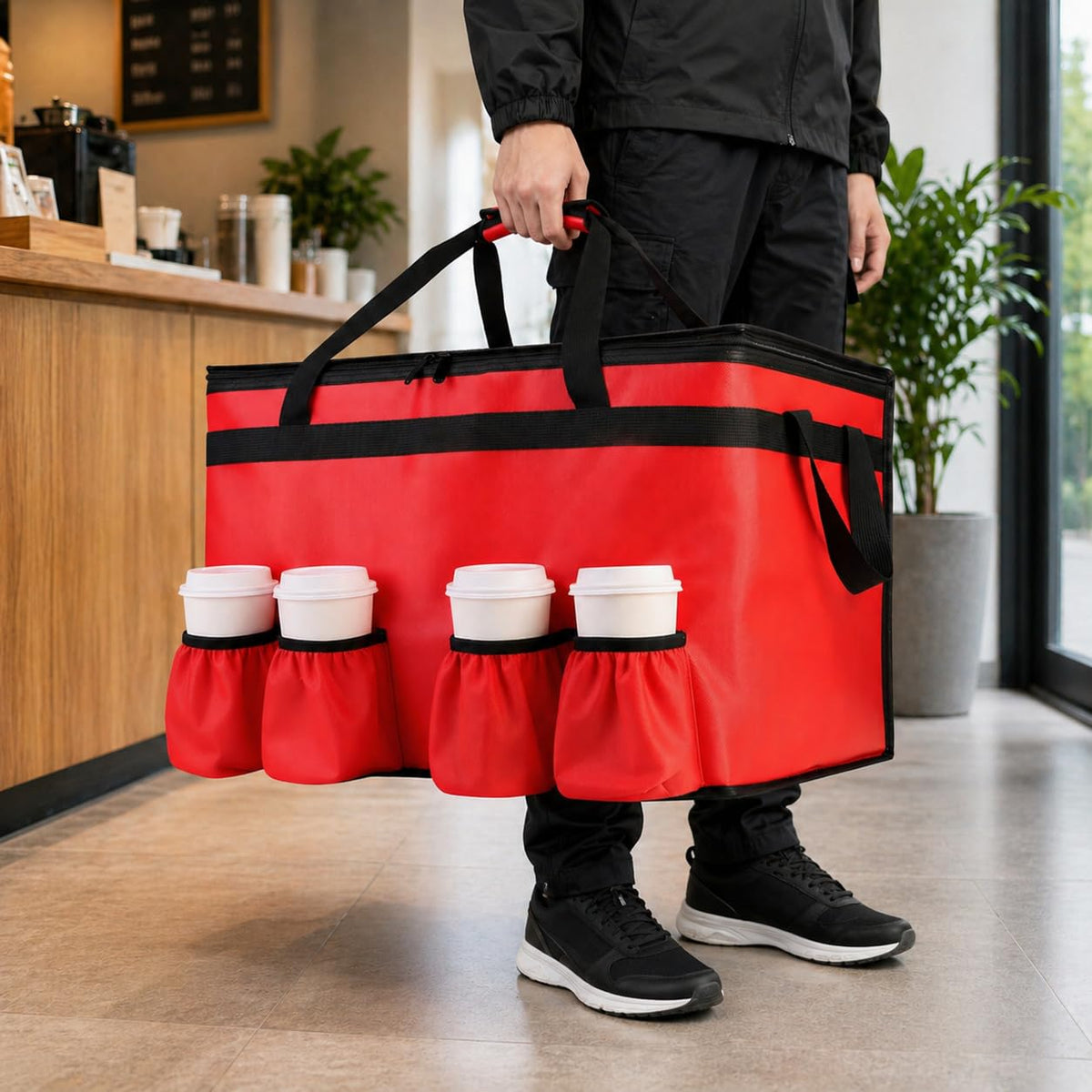 Insulated Food Delivery Bag with 4 Cup Holders, XXX-Large, Red