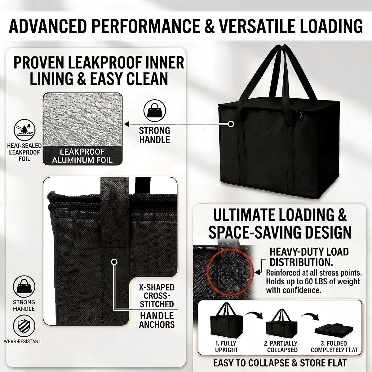 4-Pack Extra Large Insulated Grocery Bags, Collapsible Cooler Bags with Zipper, Multi-Purpose Insulated Tote Bags for Shopping, Camping, Beach, and Trips (16.1" x 10.2" x 13", Black)