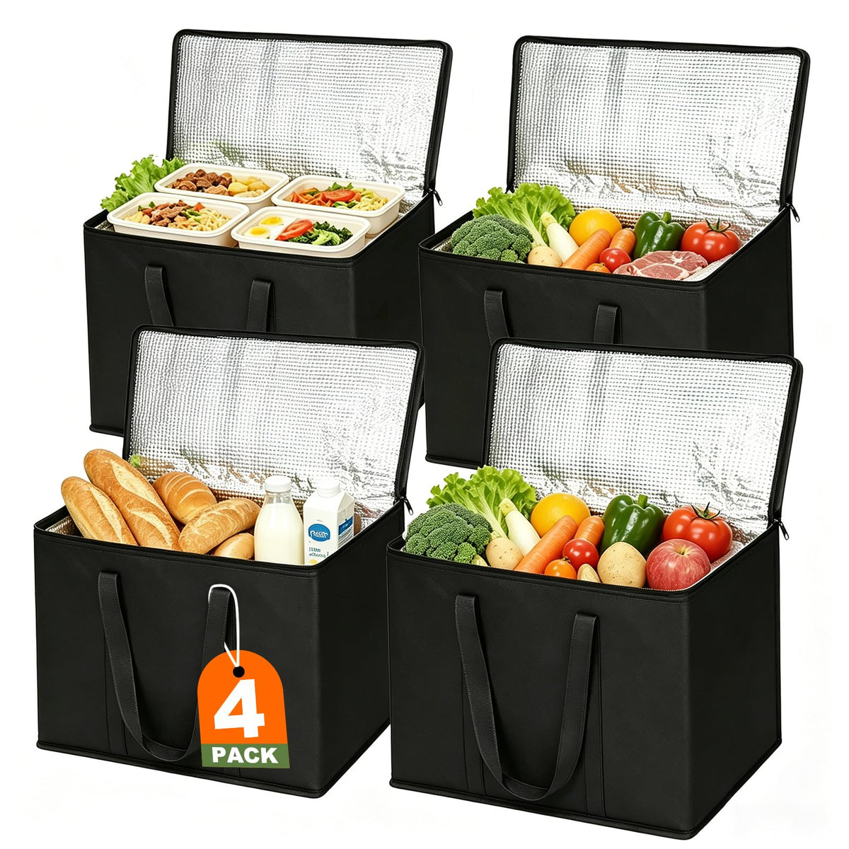 JNYONG 4 Pack Insulated Reusable Grocery Shopping Bags with zippered top