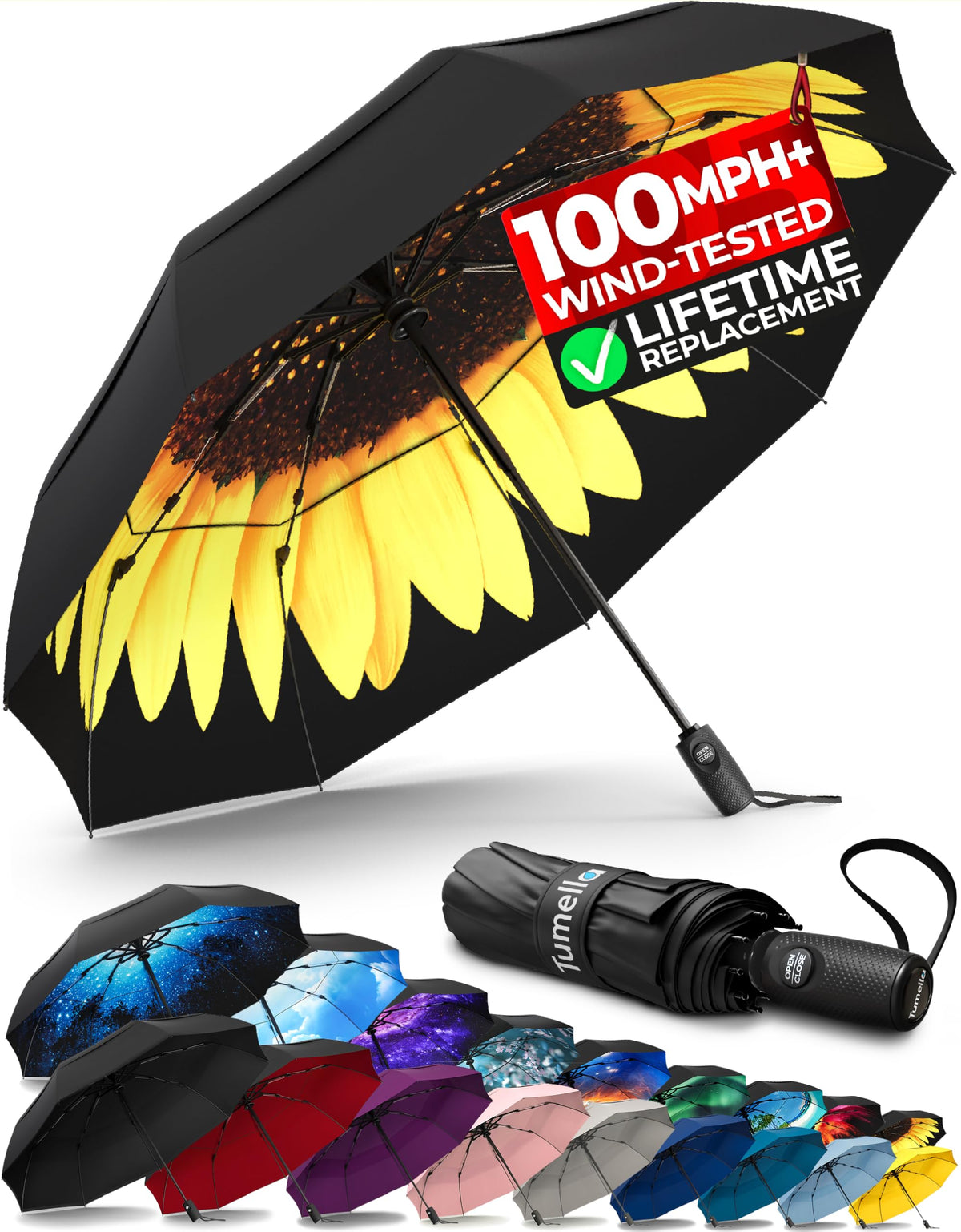 TUMELLA Strongest Windproof Travel Umbrella (Compact, 100MPH Wind-Tested), Light, Portable, One-Handed Use, Automatic Folding Rain Umbrella, Durable, Premium Grip, Fits Car & Backpack