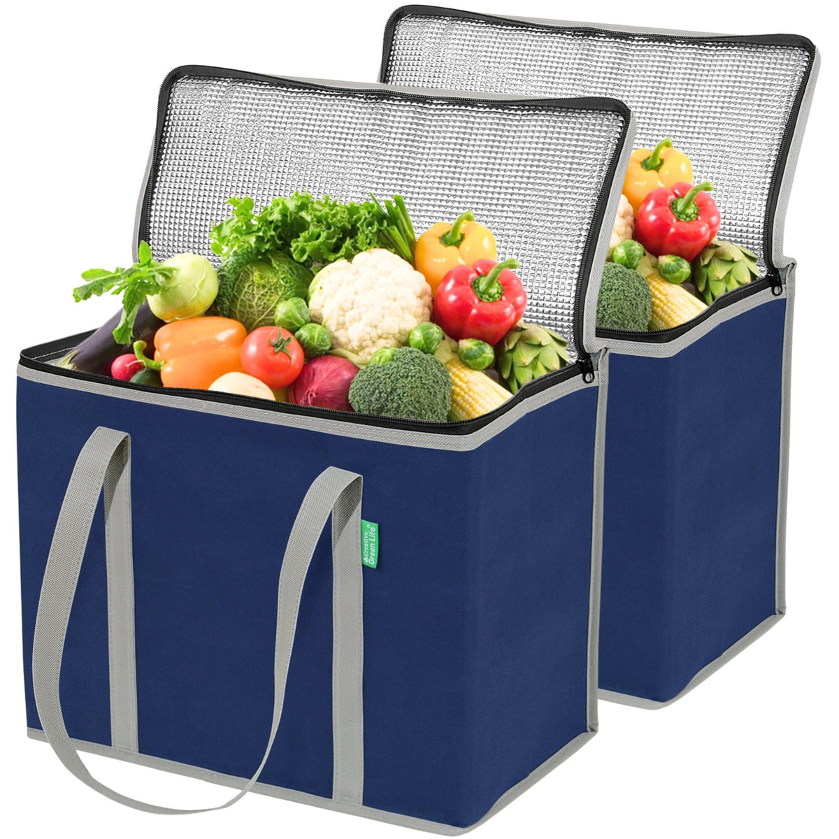 Creative Green Life XL Insulated Reusable Grocery Bags (2-Pack) - Premium Quality Cooler Bags with Hard Bottom Insert, Stands Upright, Washable