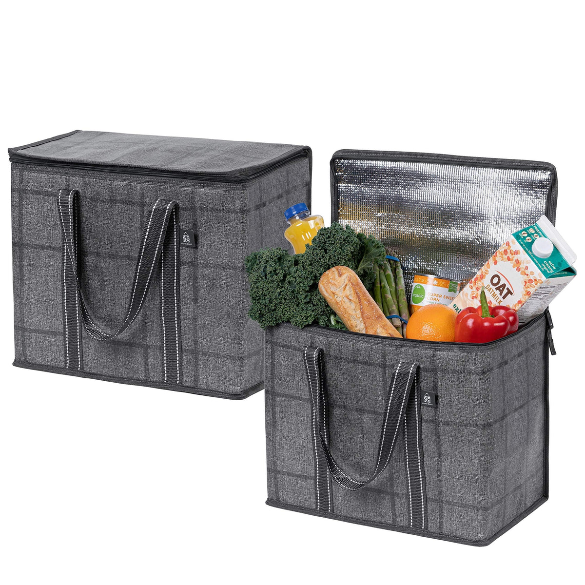 VENO 2 Pack Insulated Grocery Bags, Collapsible Cooler, Hard Bottom, Gray