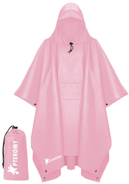 PTEROMY Hooded Rain Poncho for Adults, Reusable Waterproof Raincoat