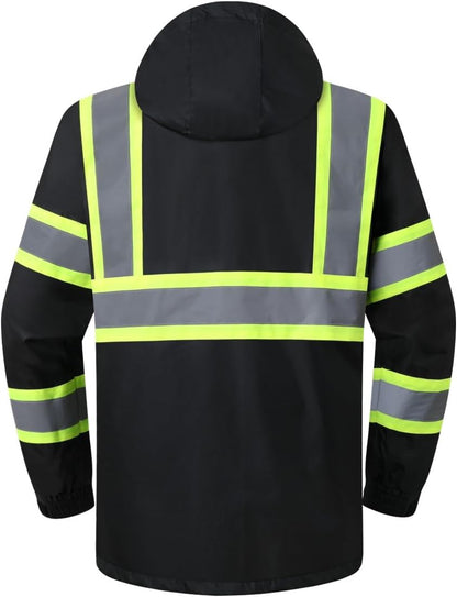 JKSafety Hi Vis Rain Jacket for Men Women Safety Rain Gear Black XL
