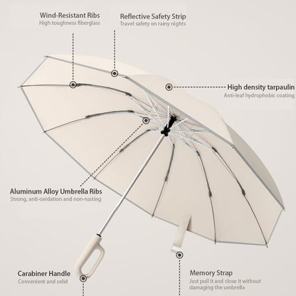 Ring Buckle Fully Automatic Umbrella, Reflective Safety Strip, Sturdy Windproof, Reverse Automatic, Travel Portable, Compact Folding (Black)