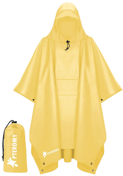 PTEROMY Hooded Rain Poncho for Adults, Reusable Waterproof Raincoat