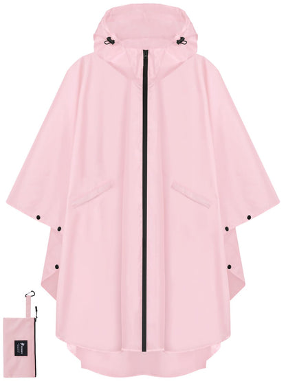 PTEROMY Rain Poncho for Adults with Zipper, Waterproof Hooded Raincoat