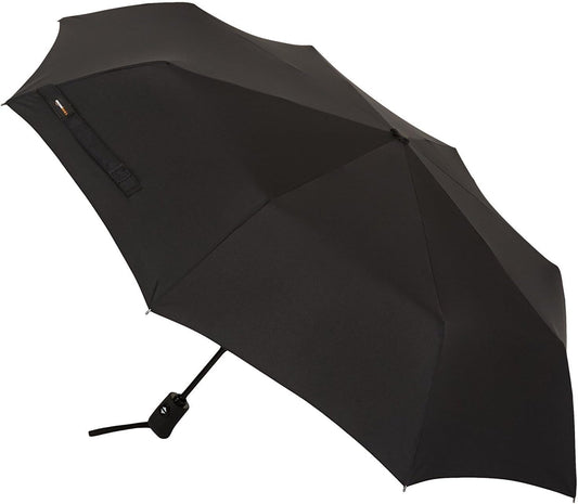 Amazon Basics Round Travel Umbrella for Rain, Compact Umbrella with Auto Open/Close, Strong Alloy Steel Frame, Compact Size for Backpacks/Handbags (11" Long When Closed), One Size, Black