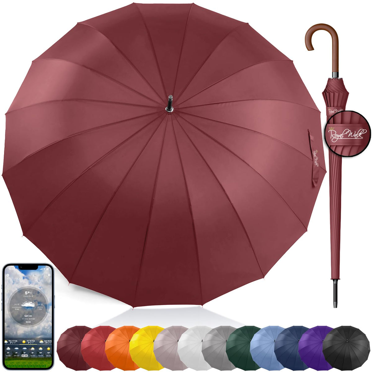 Royal Walk Large Umbrella for Rain & Golf, Windproof, Big, Heavy Duty Stick