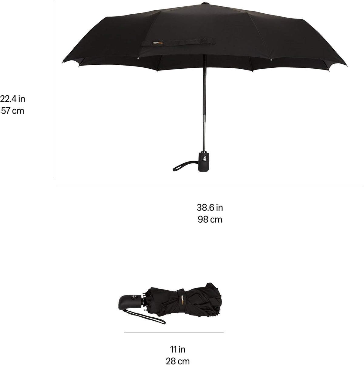 Amazon Basics Round Travel Umbrella for Rain, Compact Umbrella with Auto Open/Close, Strong Alloy Steel Frame, Compact Size for Backpacks/Handbags (11" Long When Closed), One Size, Black