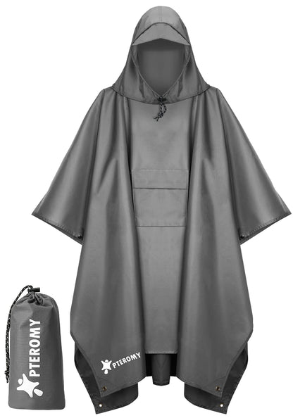 PTEROMY Hooded Rain Poncho for Adults, Reusable Waterproof Raincoat