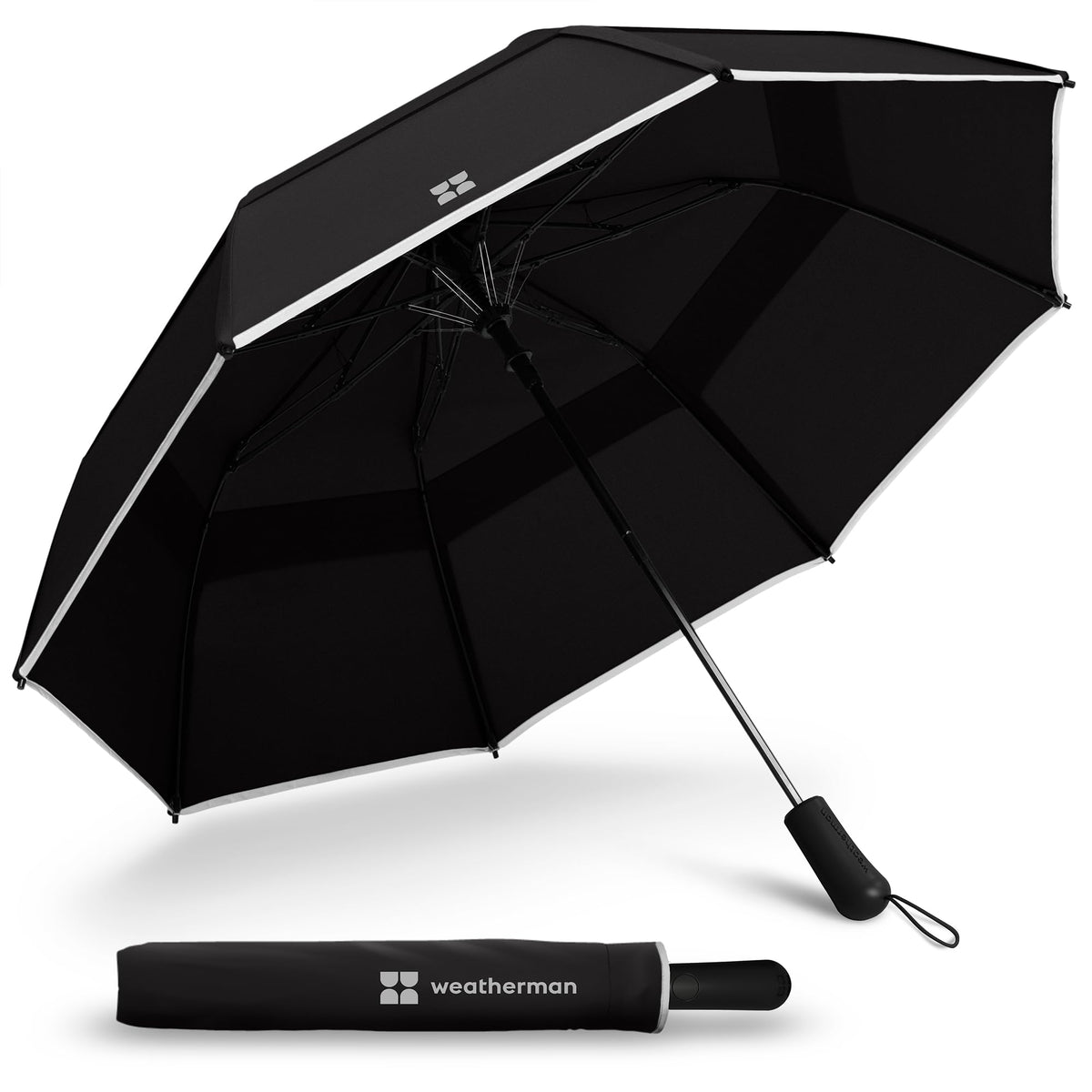 Weatherman Premium Collapsible Travel Umbrella - Windproof, Compact, Easy Auto Open - Resists Up to 55 MPH Winds - Perfect for Rain, Wind, Backpack, Car - Folding Umbrella (Navy Blue)