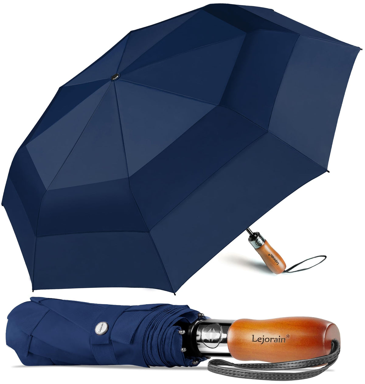 Windproof Golf Umbrella Large 54 Inch Folding Auto Open Close Wood Handle