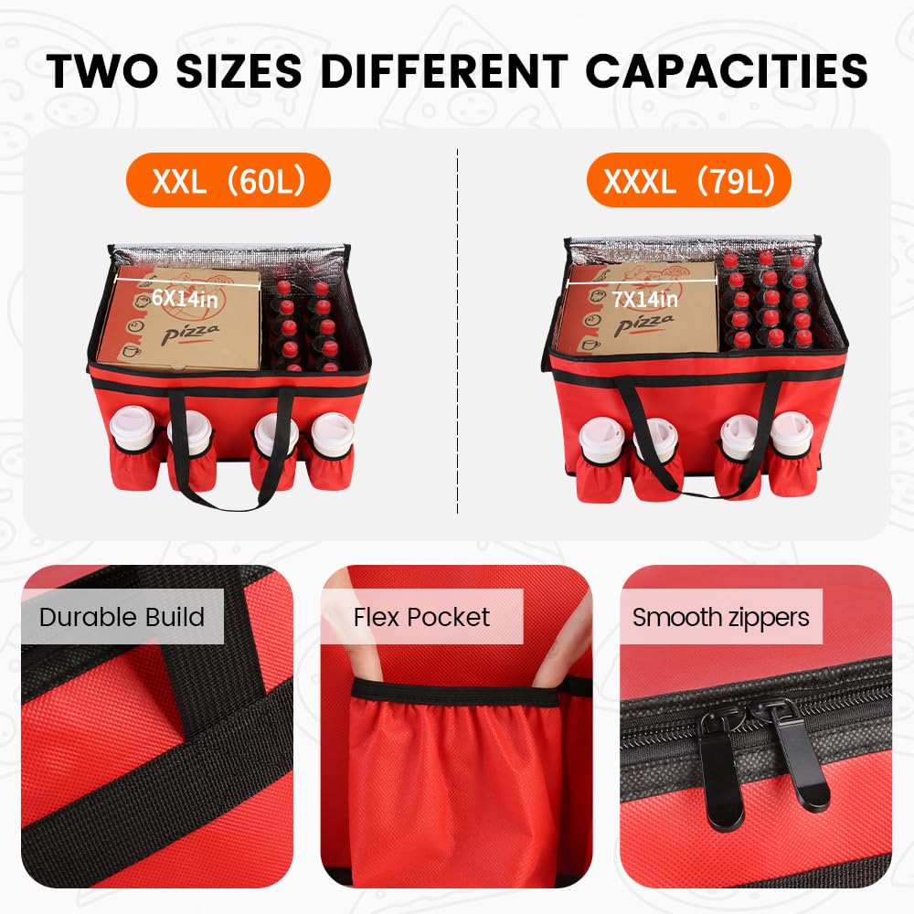 Insulated Food Delivery Bag with 4 Cup Holders, XXX-Large, Red