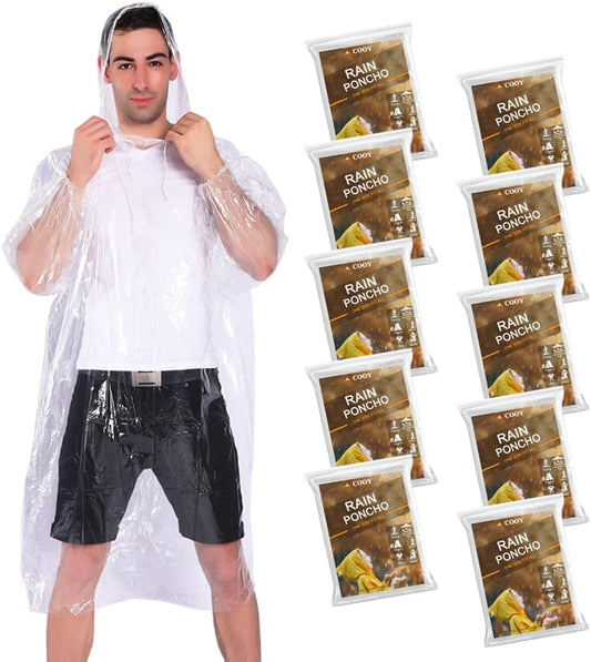 COOY Disposable Rain Ponchos for Adults (10 Pack), Family Pack for Travel