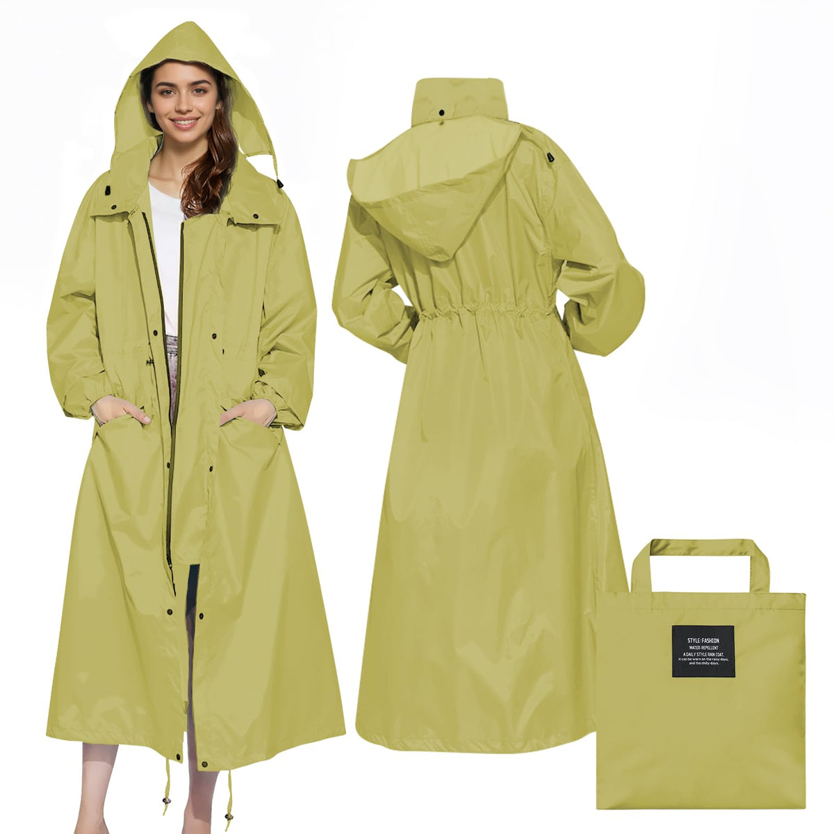 LAMA Womens Long Raincoats Rain Jacket Waterproof Packable Hooded Windbreaker Lightweight Adjustable Waist for Outdoor