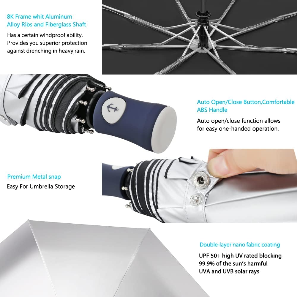 FDJASGY Silver Coating Layer Fabric Blocking UV 99.9% Sun Umbrella Compact Folding Travel Umbrella Automatic Folding Windproof Umbrellas For Men and Women (Black)