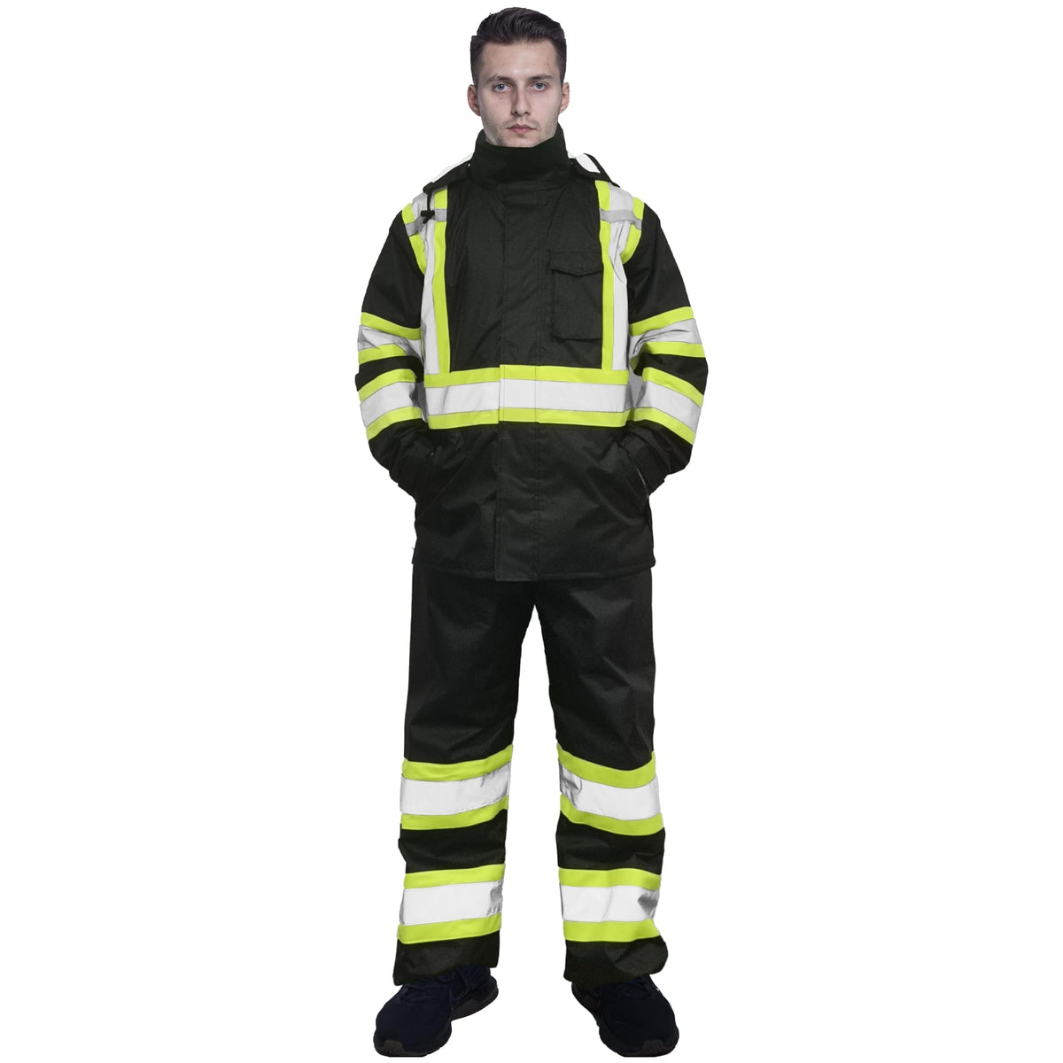 sesafety Hi Vis Rain Jacket, Rain Suits for Men Waterproof withBlack Bottom
