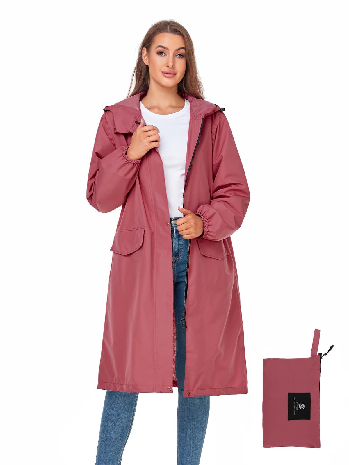 SaphiRose Women's Lightweight Packable Waterproof Long Rain Jacket