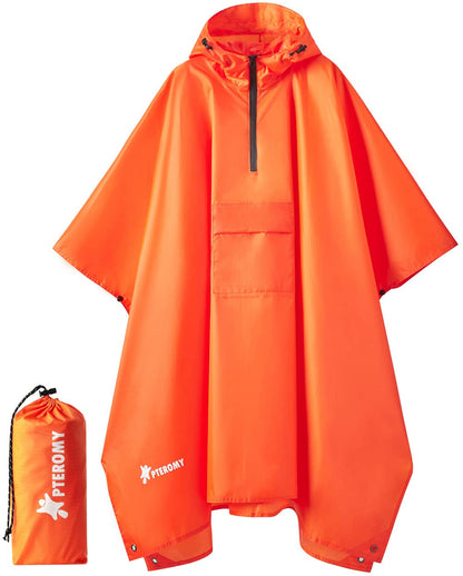 PTEROMY Hooded Rain Poncho for Adults, Reusable Waterproof Raincoat