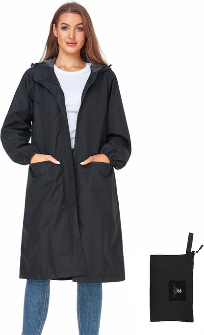 SaphiRose Women's Lightweight Packable Waterproof Long Rain Jacket