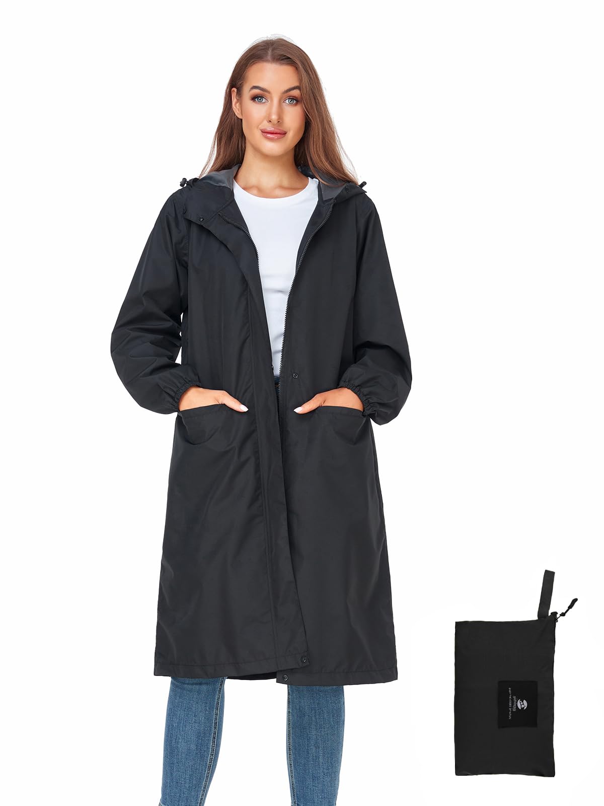 SaphiRose Women's Lightweight Packable Waterproof Long Rain Jacket