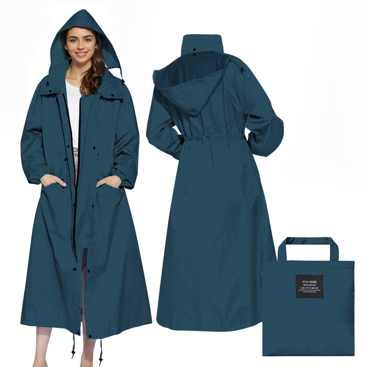 LAMA Womens Long Raincoats Rain Jacket Waterproof Packable Hooded Windbreaker Lightweight Adjustable Waist for Outdoor