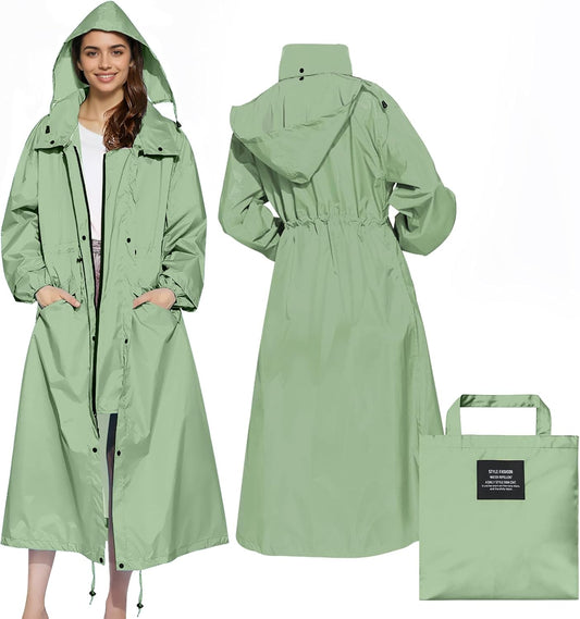 LAMA Womens Long Raincoats Rain Jacket Waterproof Packable Hooded Windbreaker Lightweight Adjustable Waist for Outdoor