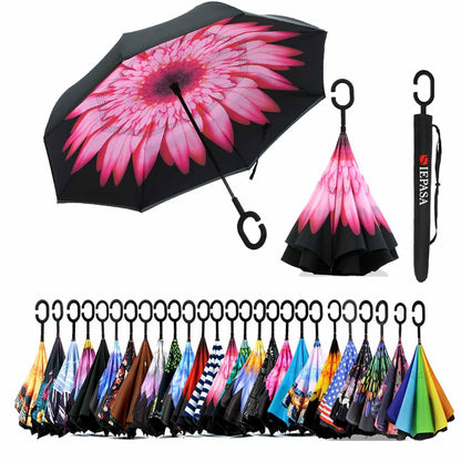 SIEPASA 49/56 Inch Inverted Reverse Upside Down Umbrella, Extra Large Double Canopy Vented Windproof Waterproof Stick Golf Umbrellas with C-shape Handle.