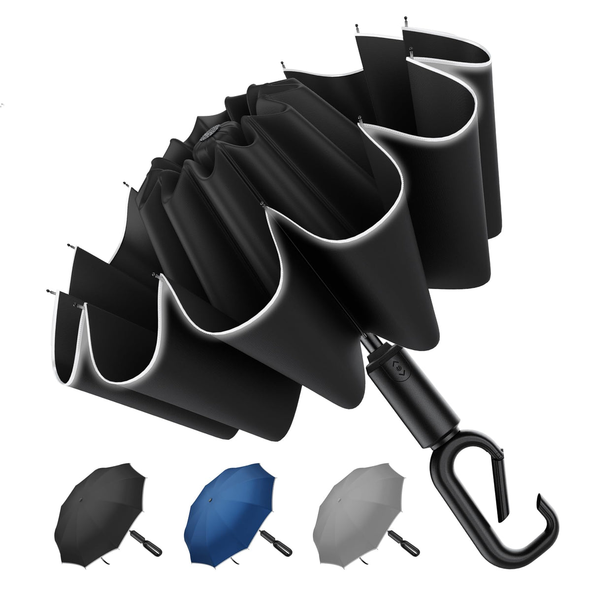 Auto Reverse Folding UV Travel Umbrella, Rain Sun Use, 360 Reflective