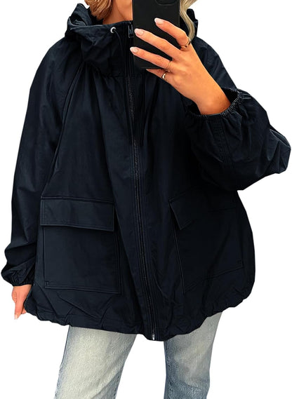 Fisoew Womens Oversized Lightweight Jacket Hooded Trench Coat Windbreaker Waterproof Raincoat With Pockets for Outdoor