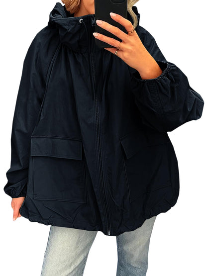 Fisoew Womens Oversized Lightweight Jacket Hooded Trench Coat Windbreaker Waterproof Raincoat With Pockets for Outdoor