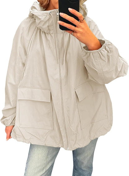 Fisoew Womens Oversized Lightweight Jacket Hooded Trench Coat Windbreaker Waterproof Raincoat With Pockets for Outdoor