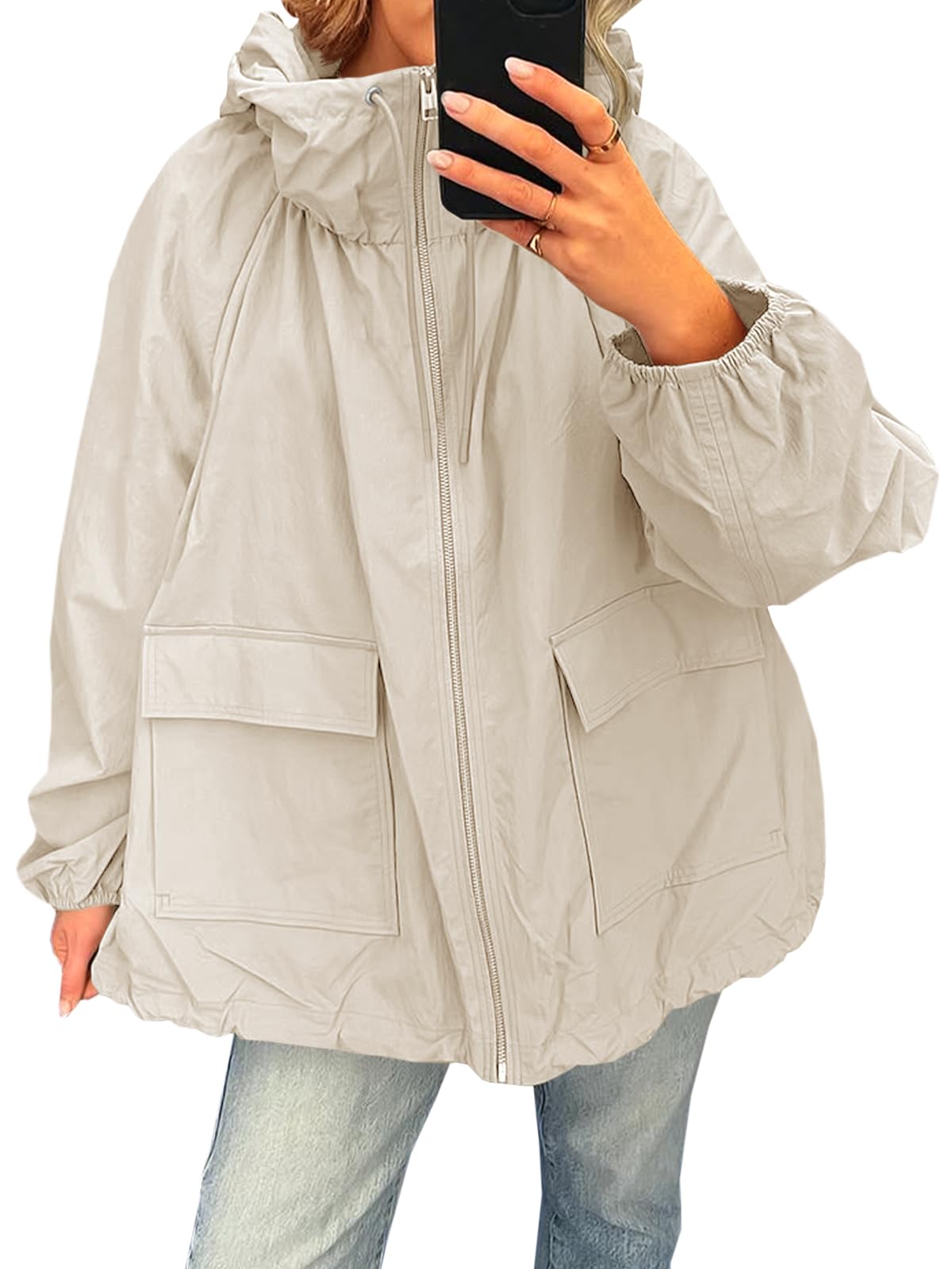 Fisoew Womens Oversized Lightweight Jacket Hooded Trench Coat Windbreaker Waterproof Raincoat With Pockets for Outdoor