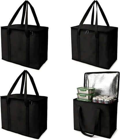 4-Pack Extra Large Insulated Grocery Bags, Collapsible Cooler Bags with Zipper, Multi-Purpose Insulated Tote Bags for Shopping, Camping, Beach, and Trips (16.1" x 10.2" x 13", Black)