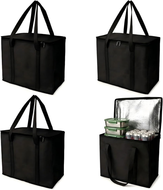 4-Pack Extra Large Insulated Grocery Bags, Collapsible Cooler Bags with Zipper, Multi-Purpose Insulated Tote Bags for Shopping, Camping, Beach, and Trips (16.1" x 10.2" x 13", Black)
