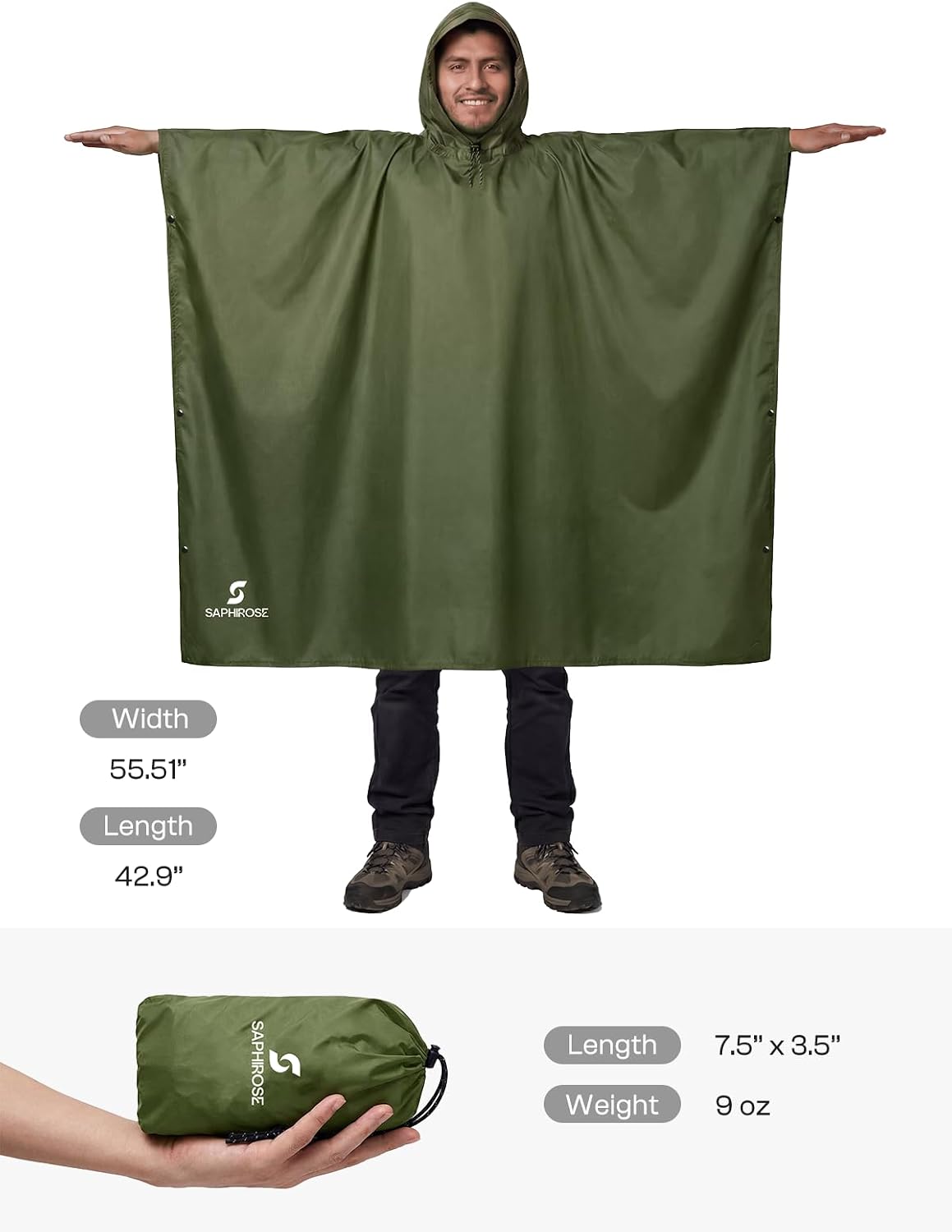 SaphiRose Hooded Rain Poncho Waterproof Raincoat Jacket for Men Women Adults