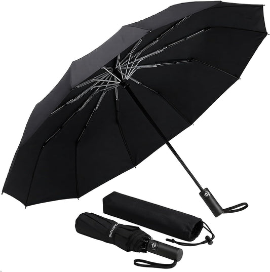 GAOYAING 46 Inch Large Automatic Rain Umbrella - Windproof Travel Lightweight Travel-Ready, Heavy Duty 12-Rib 210T Fabric, Portable with Protective Sleeve