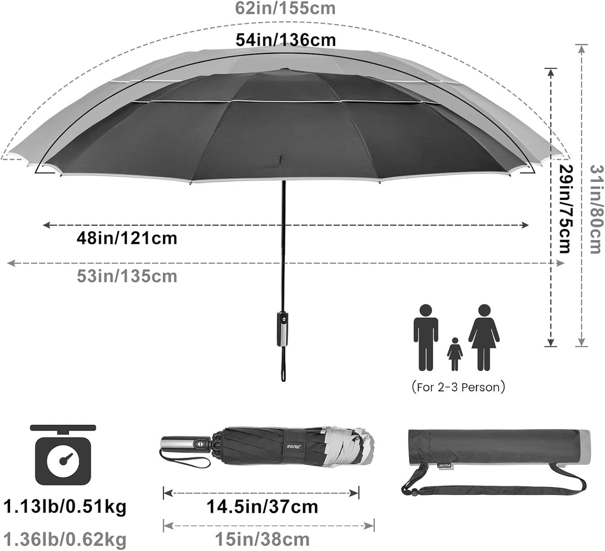 G4Free 54/62 Inch Large Inverted Golf Umbrella Windproof Reflective Stripe