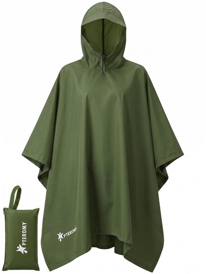 PTEROMY Hooded Rain Poncho for Adults, Reusable Waterproof Raincoat