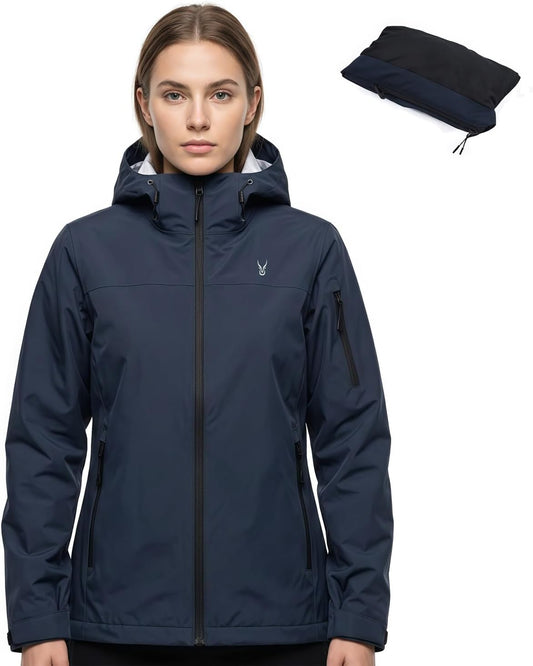 Women's 20000mm Waterproof Rain Jacket Lightweight Packable Hooded Raincoat