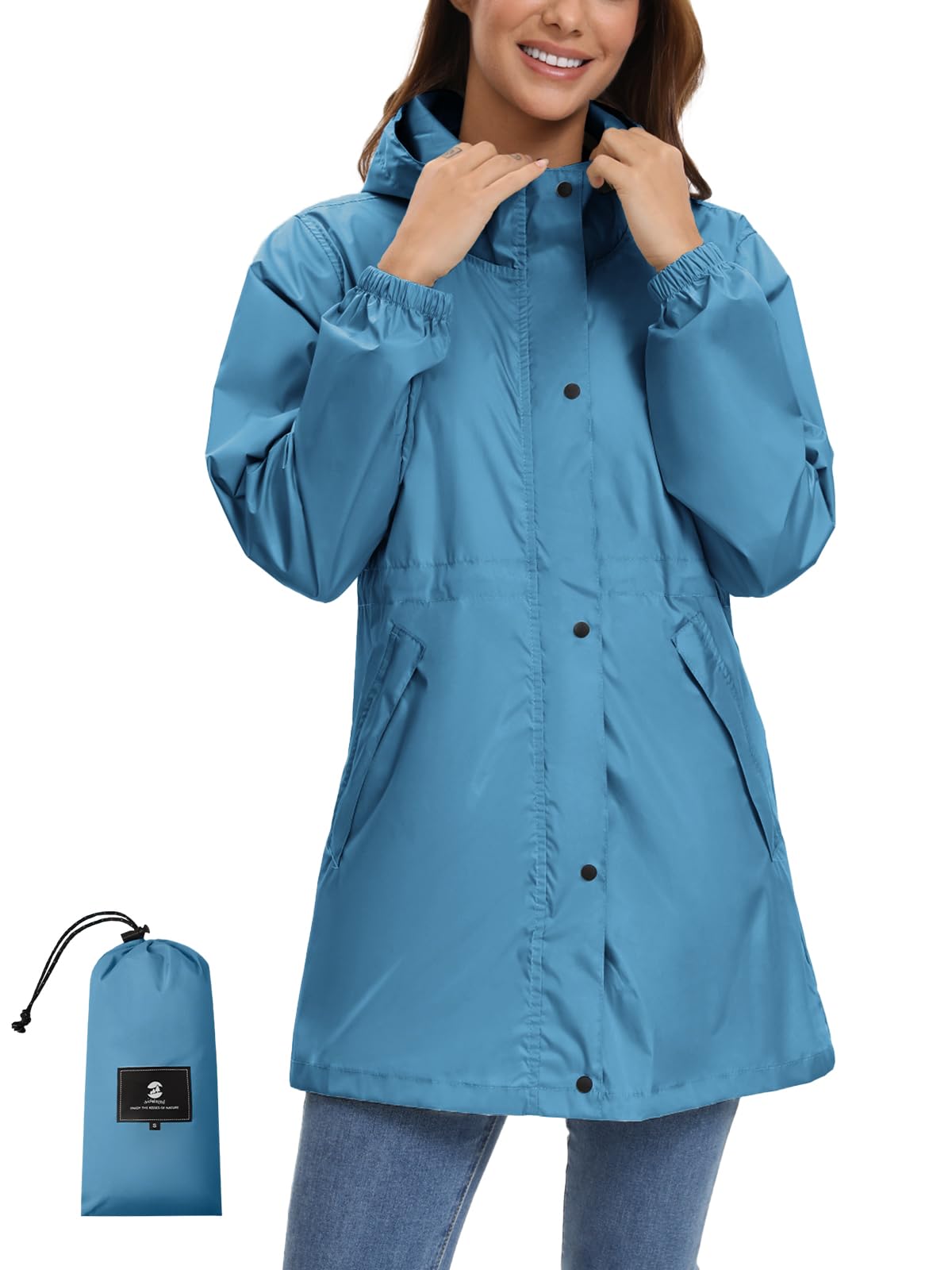 SaphiRose Women's Lightweight Long Rain Jacket Packable Raincoat Hooded Outdoor Trench Coats