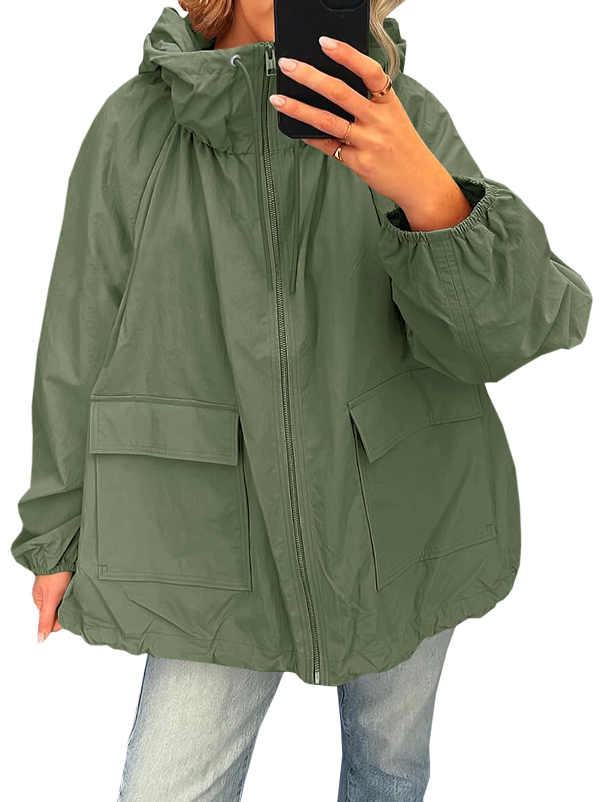 Fisoew Womens Oversized Lightweight Jacket Hooded Trench Coat Windbreaker Waterproof Raincoat With Pockets for Outdoor