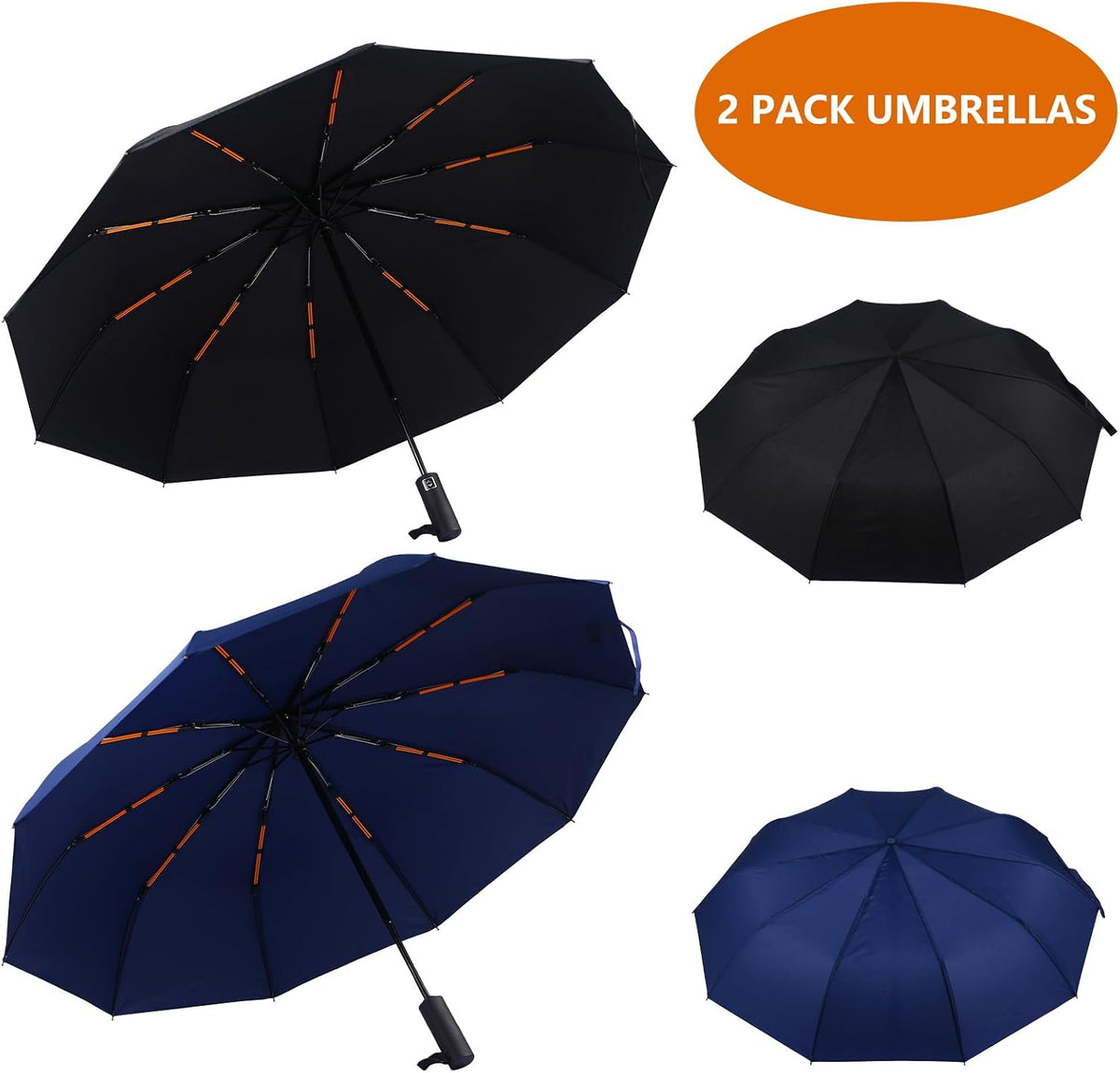 Bluinzi 2 Pack 46 Inch Umbrellas, Double 10-rib, for Rain, Compact Travel